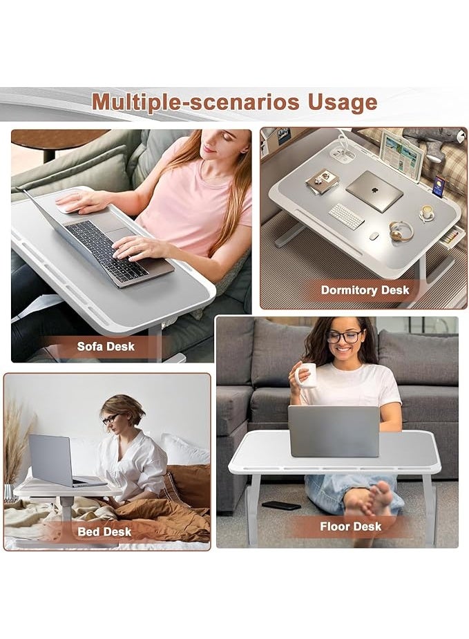 طاولة لاب توب للسرير مع إضاءة LED وشاحن لاسلكي، مكتب لابتوب قابل للطي مع حامل كتب ومنفذ USB، طاولة دراسة محمولة مع درج تخزين للعمل والقراءة - Image 4